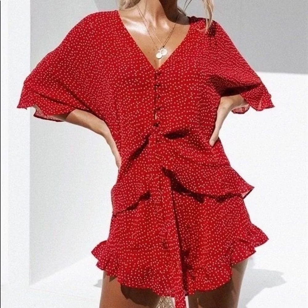 SABO SKIRT Red Polka Dot Tie Ruffle Playsuit Romper XS